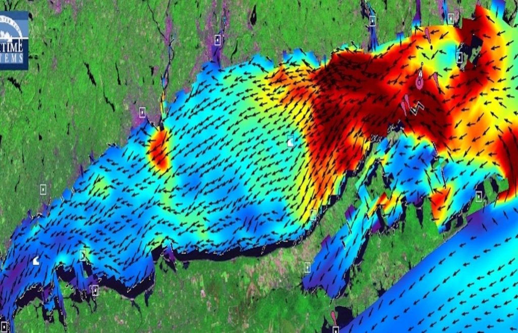 Screen shot from the output of a physical oceanographic model showing the dominant currents in Long Island Sound.