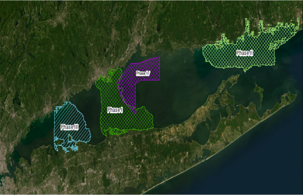 Map of Long Island Sound showing the regions that have been or are currently being mapped