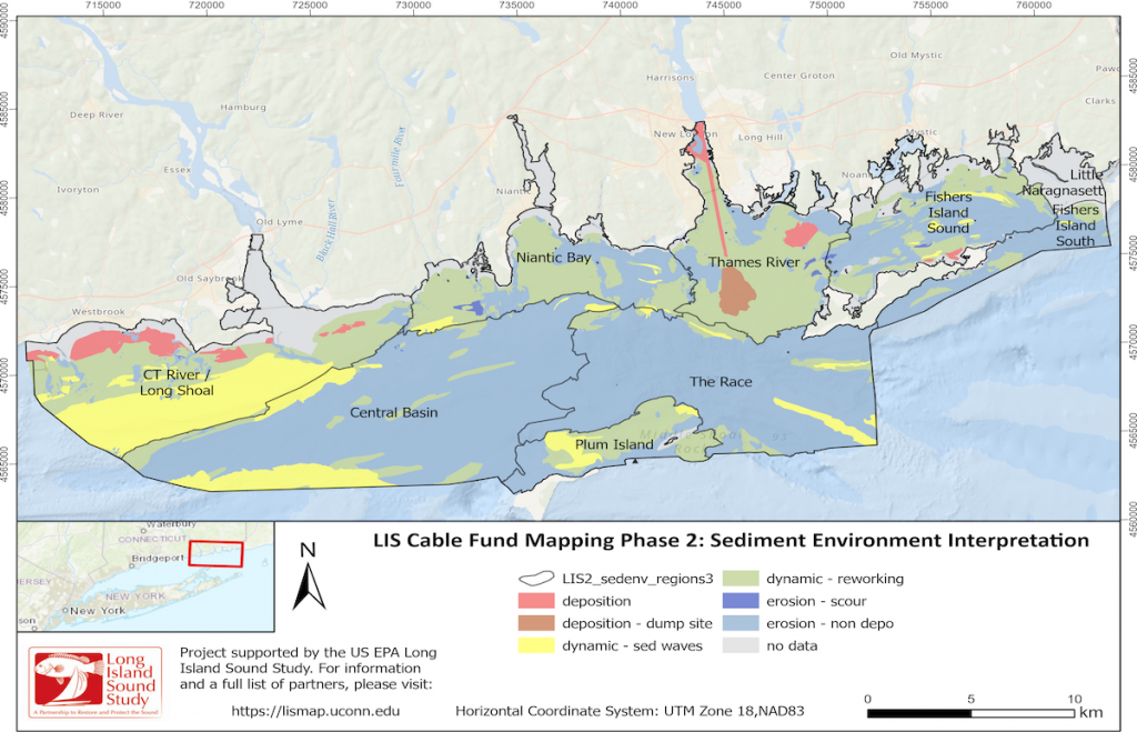 Map showing the interpretation of the sedimentary environments in the eastern LIS area