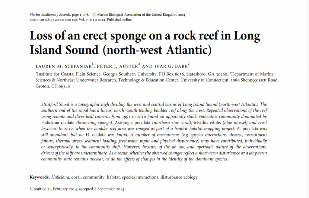 Abstract from the 2014 publication by Stefaniak et al - Loss of an erect sponge on a rock reef in Long Island Sound (north-west Atlantic)