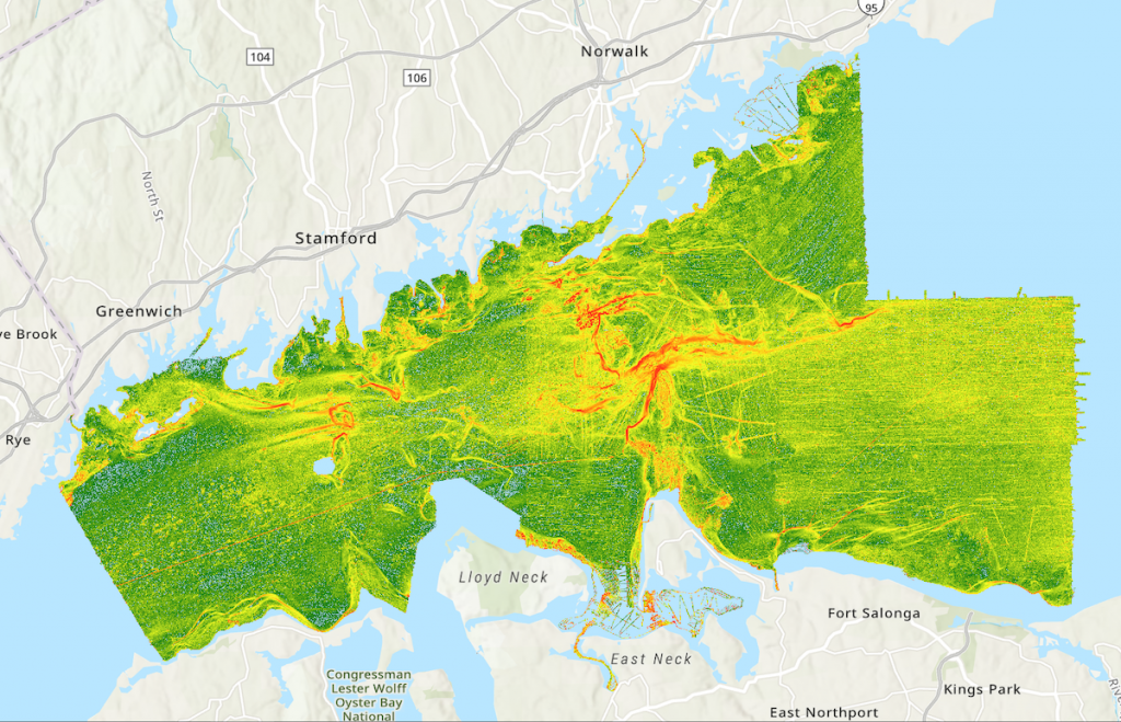 Map of western Long Island Sound showing the topographic roughness index derived from the bathymetry