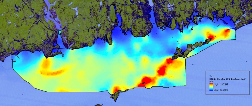 The spatial and temporal structures of the temperature, salinity, and stress fields captured by the model show excellent agreement with the field studies and clearly support the model’s use as a tool to interpolate spatially between the observations for the purpose of making maps of the characteristics of the bottom environment that are ecologically important.
