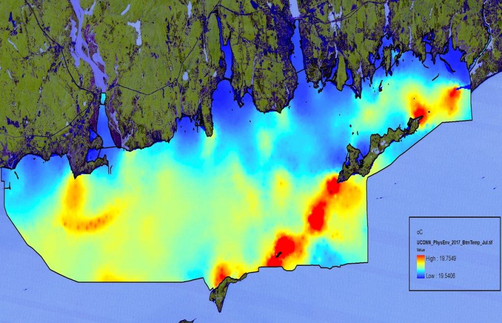 Map of eastern Long Island Sound showing the maximum bottom stress as predicted by the FVCOM model.