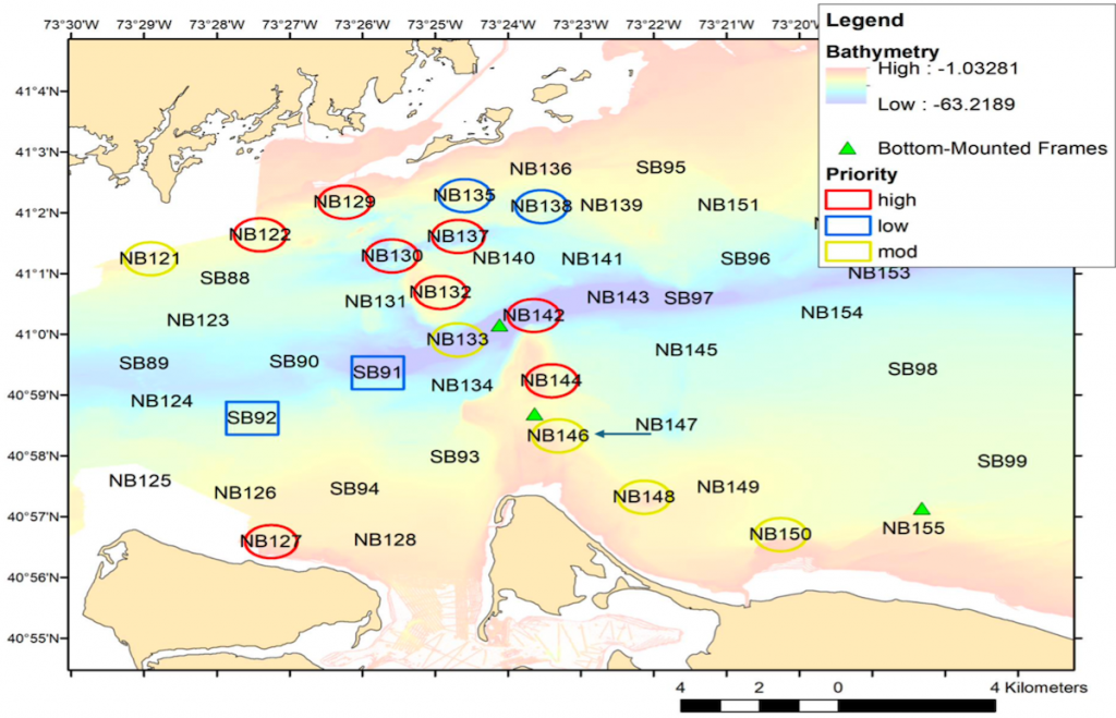 Map of the west-central Sound showing the high priority sites selected for exploration with the ROV