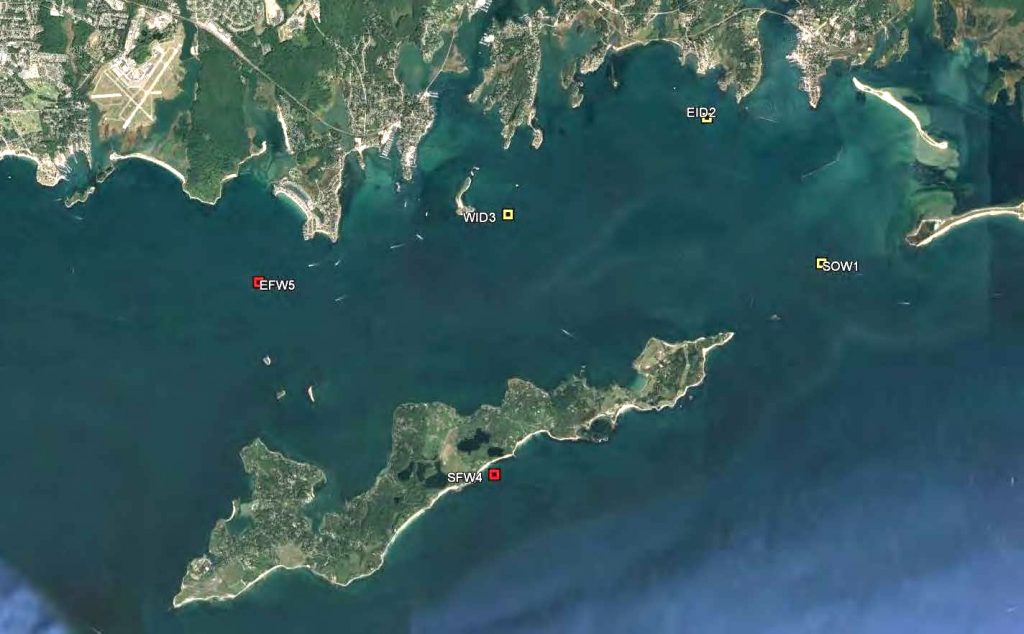 Map of eastern Long Island Sound showing the location of the physical oceanographic bottom frames deployed in 2017 and 2018.