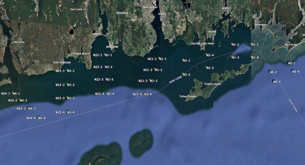 Map of the Phase II area (eastern Long Island Sound) showing the locations of sites where CTD casts were made.