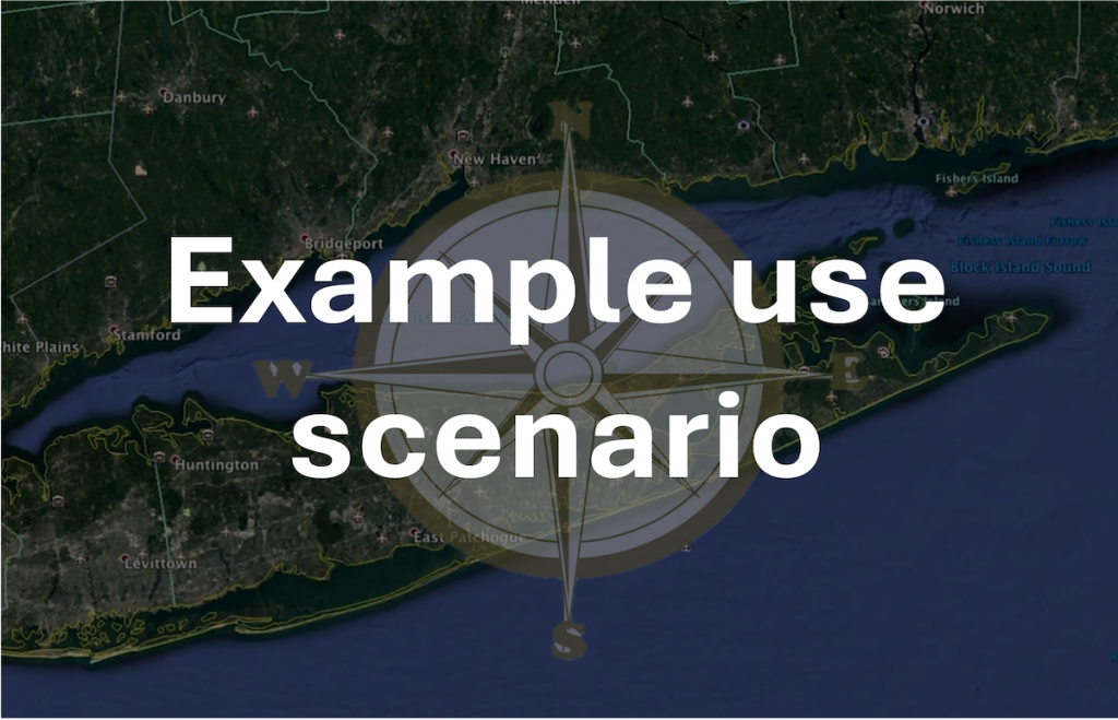 Map of Long Island Sound with a compass rose overlain as a link to an example use scenario for the Data Navigator