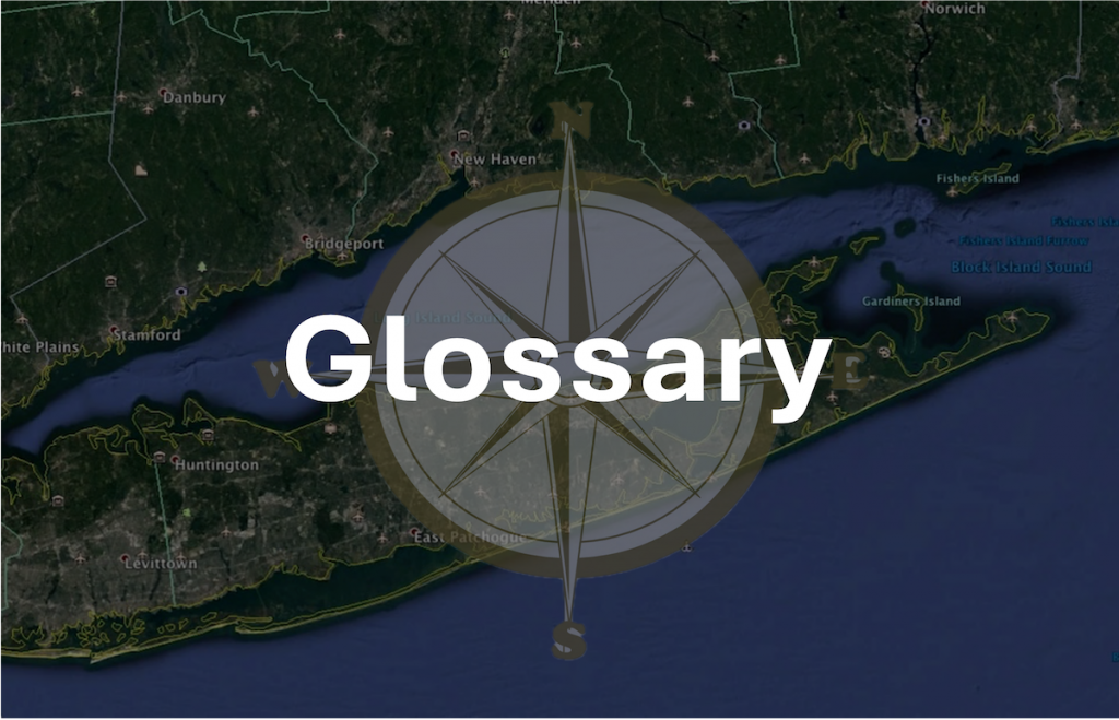 Map of Long Island Sound with a compass rose overlain as a link to a glossary of terms for the Data Navigator