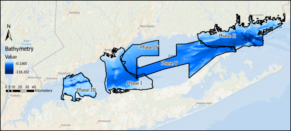 Map of Long Island Sound showing the locations of the five phases of the Long Island Sound Habitat Mapping Initiative.